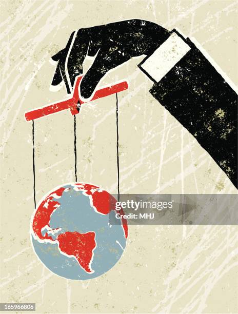 illustrazioni stock, clip art, cartoni animati e icone di tendenza di giant uomo d'affari tenendo un mondo di marionette - marionetta
