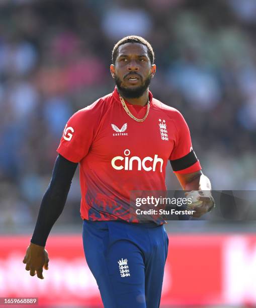 England bowler Chris Jordan looks on during the 3rd Vitality T20I between England and New Zealand at Edgbaston on September 03, 2023 in Birmingham,...
