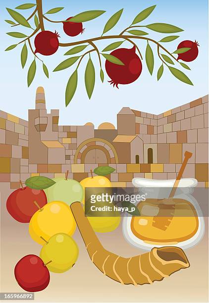 rosh hashanah in jerusalem - wailing wall stock illustrations