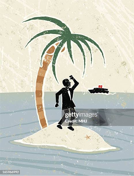 ilustraciones, imágenes clip art, dibujos animados e iconos de stock de ejecutivo, palmera en isla desierta, con un barco viene - socorro island