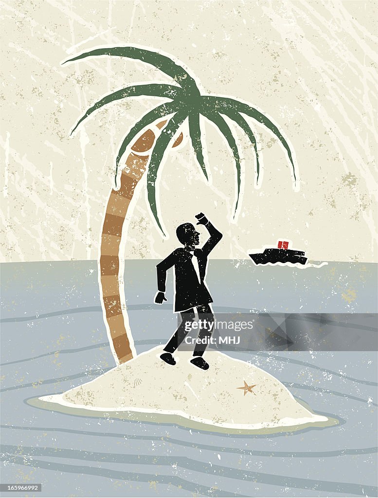 Businessman, Palm Tree on Desert Island, with a Boat Approaching