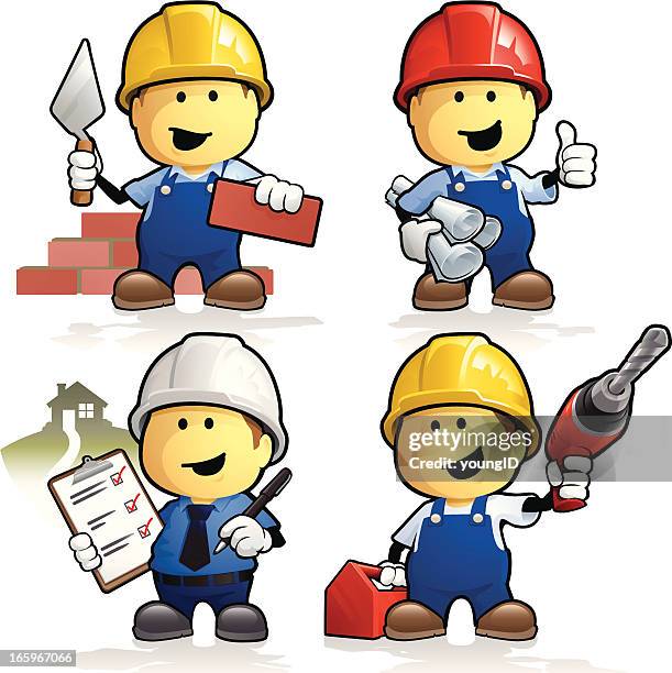 ilustraciones, imágenes clip art, dibujos animados e iconos de stock de dibujos de construcción de los trabajadores y de los contratistas - casco duro