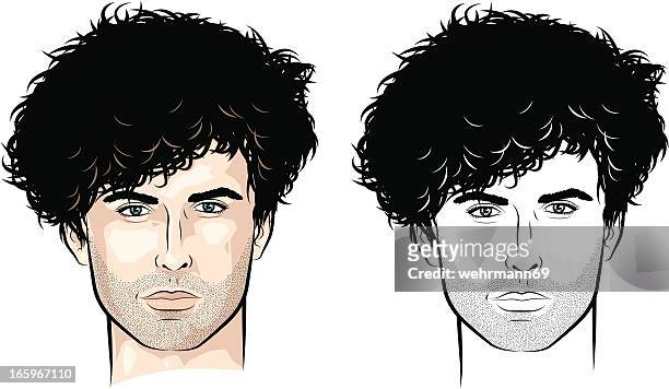 ilustraciones, imágenes clip art, dibujos animados e iconos de stock de hombre con mucha curls - cabello castaño