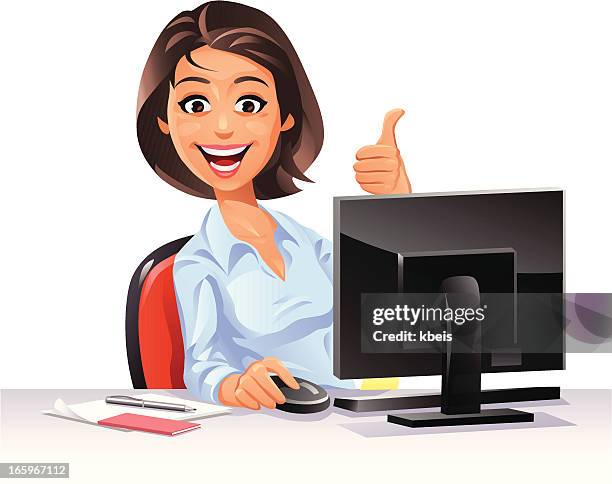 ilustrações de stock, clip art, desenhos animados e ícones de trabalhador de escritório feminino - mulher computador