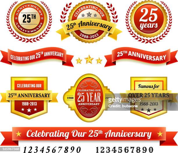 25th year anniversary badges red and gold set - 20 29 years stock illustrations