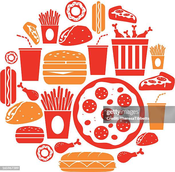 stockillustraties, clipart, cartoons en iconen met an illustration of various fast food icons - icon collage