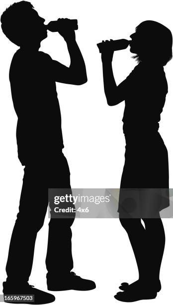 stockillustraties, clipart, cartoons en iconen met vector of young man and woman drinking water - drinkwater