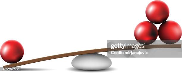 red balls balancing on wooden plank - pebbles white background stock illustrations