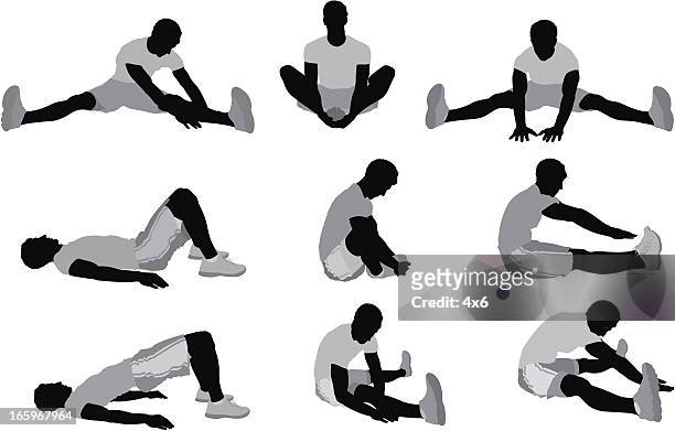 multiple images of men stretching before exercise - lying on back stock illustrations