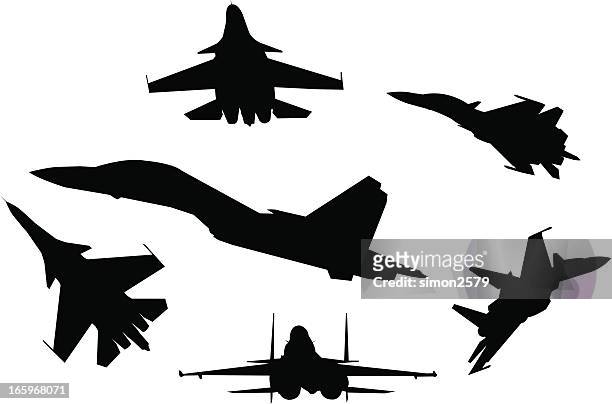 six silhouettes of fighter planes - airshow stock illustrations