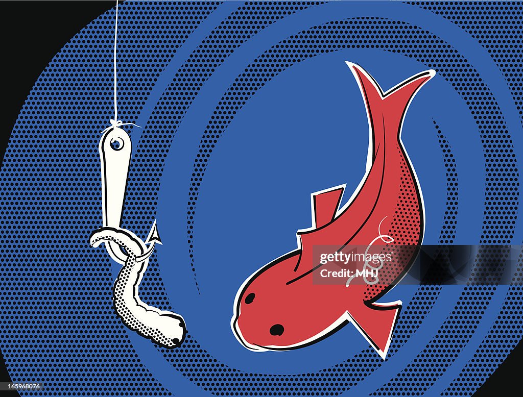 Fishing, Big Red Fish and worm on a Hook