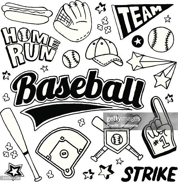 ilustraciones, imágenes clip art, dibujos animados e iconos de stock de garabatos de béisbol - fan enthusiast