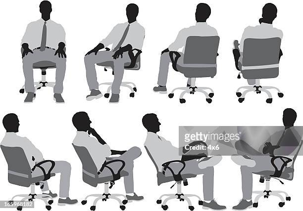 ilustraciones, imágenes clip art, dibujos animados e iconos de stock de empresarios sentado en silla - vista posterior