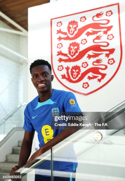 Eddie Nketiah of England poses for a photograph at St George's Park on September 04, 2023 in Burton upon Trent, England.