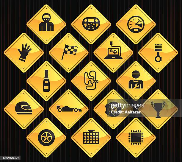 yellow road signs - open-wheel single-seater racing car - engine control unit stock illustrations