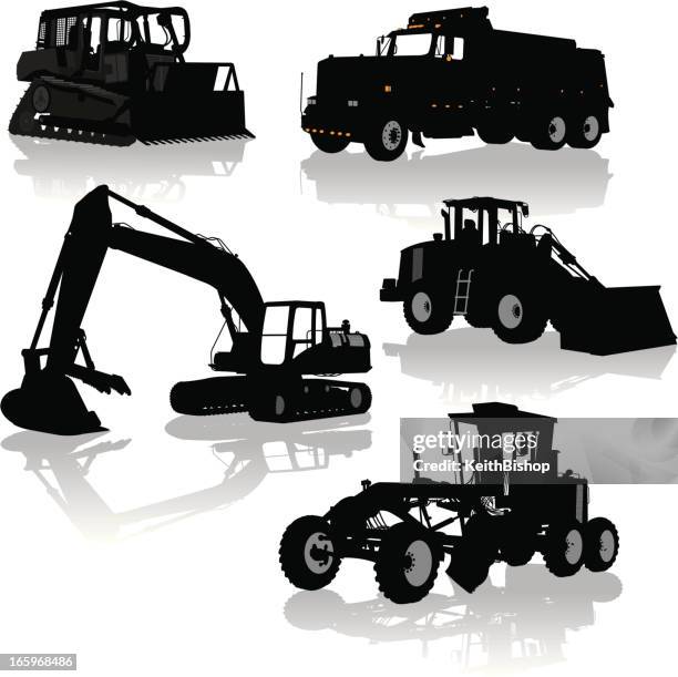 illustrazioni stock, clip art, cartoni animati e icone di tendenza di costruzione attrezzature, veicoli e bulldozer, autocarro ribaltabile, livellatrice - bulldozer