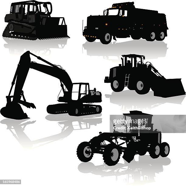 construction equipment, vehicles - bulldozer, dump truck, grader - earth mover stock illustrations
