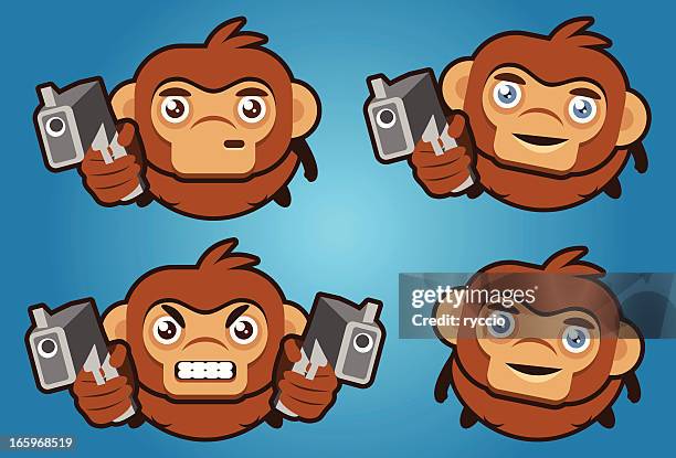 monkey with gun character - high angle shot stock illustrations