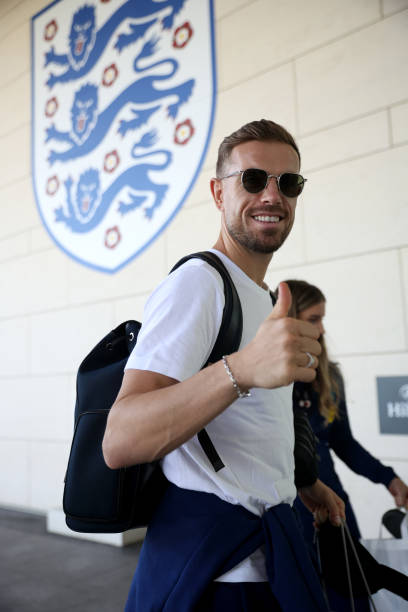 Jordan Henderson of England arrives at St George's Park on September 04, 2023 in Burton upon Trent, England.