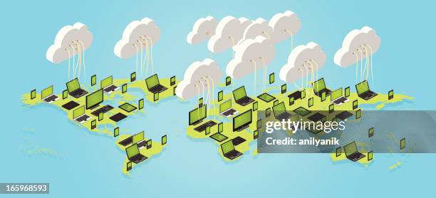 cloud computing worldwide - isometric world map stock illustrations