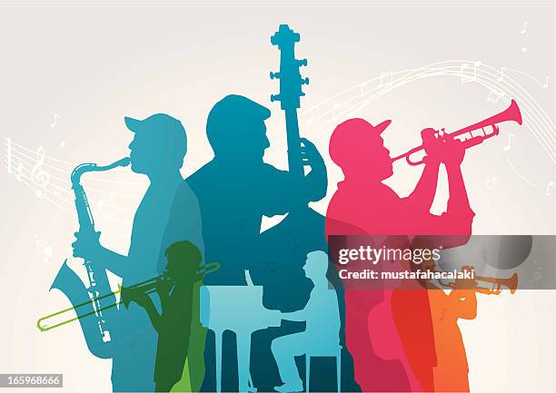 illustrazioni stock, clip art, cartoni animati e icone di tendenza di musica colorate banda - jazz musician