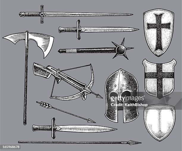 mittelalterliche waffen und shields - traditional helmet stock-grafiken, -clipart, -cartoons und -symbole