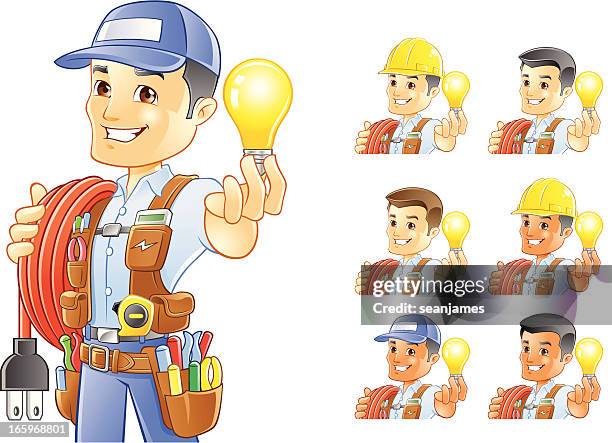 ilustrações, clipart, desenhos animados e ícones de eletricista, operador, trabalhador de construção, segurando a lâmpada - cinto de ferramentas