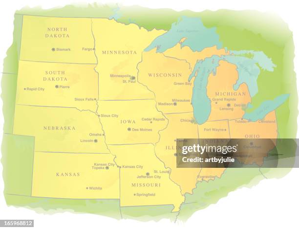 stockillustraties, clipart, cartoons en iconen met midwestern usa state map - watercolor style - indiana v illinois