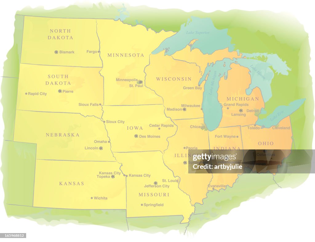 Midwestern USA State Map - Watercolor Style