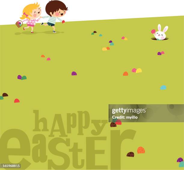 happy easter kids bunny eggs grass illustration vector myillo - kids easter eggs stock illustrations