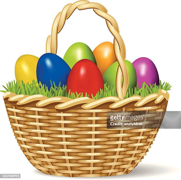 ostern eier in einem korb - easter eggs basket stock-grafiken, -clipart, -cartoons und -symbole