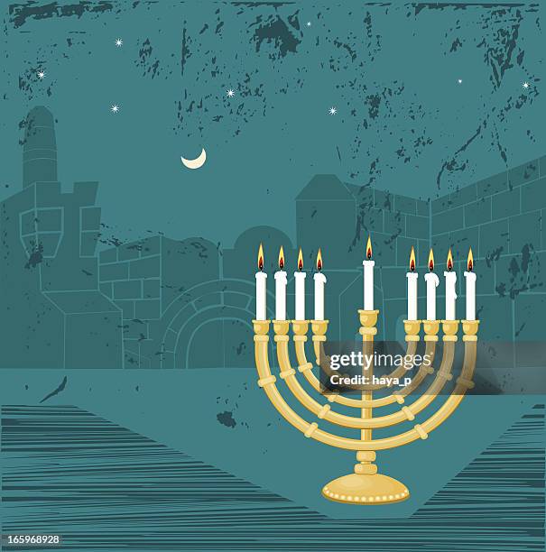 hanukkah candlestick and jerusalem - wailing wall stock illustrations