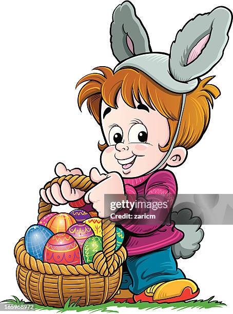 child carrying easter eggs - easter bunny costume stock illustrations