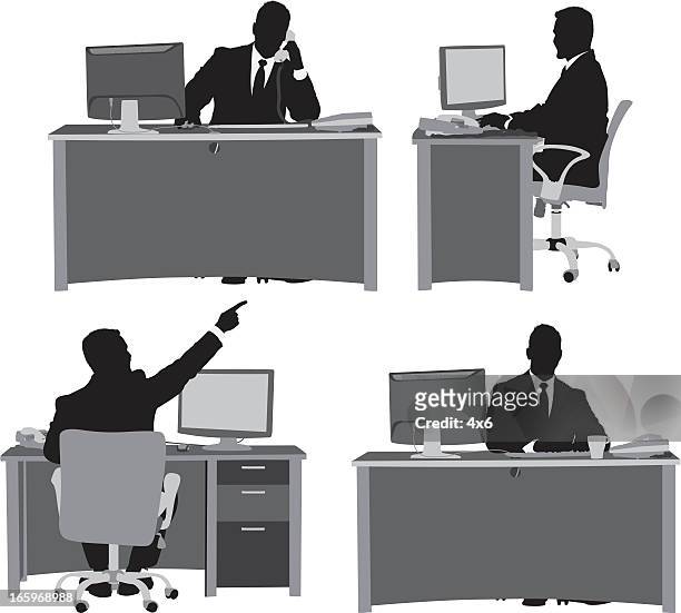 stockillustraties, clipart, cartoons en iconen met multiple images of businessman at his desk - office desk