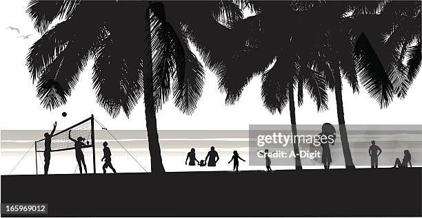 beach fun vector silhouette - beach volleyball stock illustrations