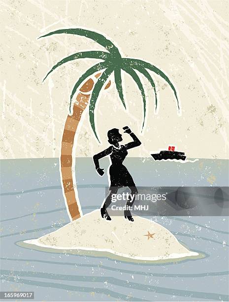 businesswoman, palm tree on desert island, with a boat approaching - palm desert stock illustrations