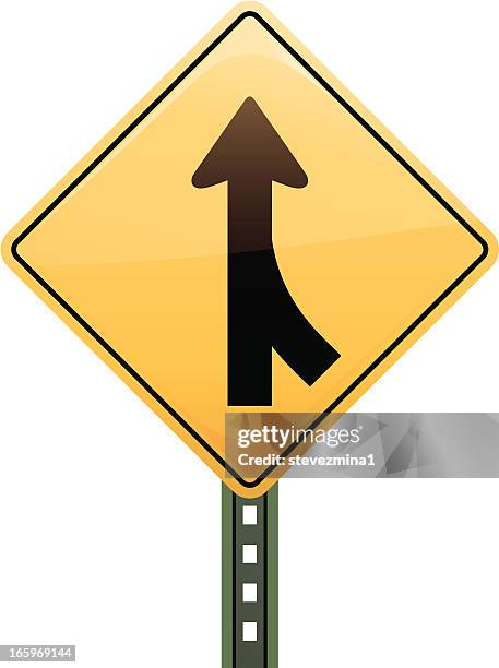 stockillustraties, clipart, cartoons en iconen met yellow merge road sign on a pole with white background  - merging sign
