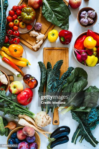 fresh homegrown vegetables and fruits, summer harvest still life, table top view - homegrown produce stock pictures, royalty-free photos & images