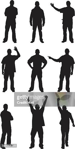 multiple silhouettes of men posing - index finger white background stock illustrations