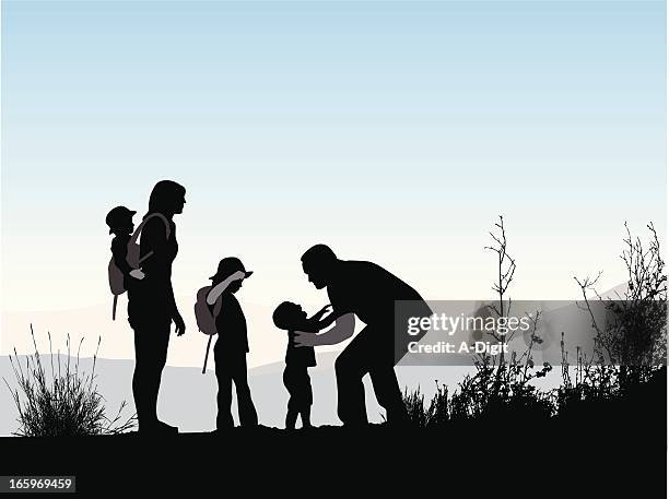 blue sky family vector silhouette - family hiking stock illustrations