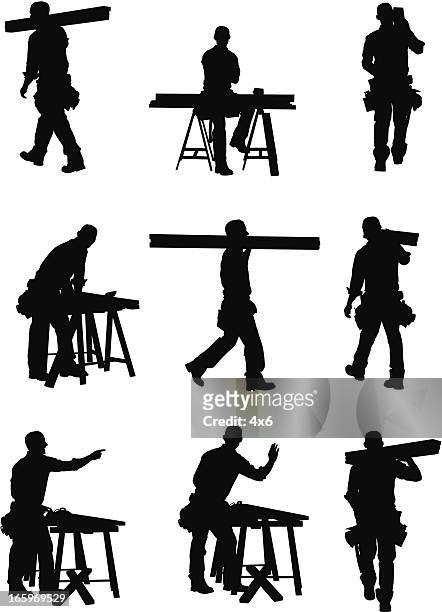 multiple images of a carpenter - silouhette construction work stock illustrations