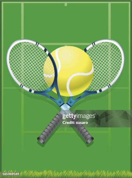 tennisplatz mit schläger und ball - grass court stock-grafiken, -clipart, -cartoons und -symbole