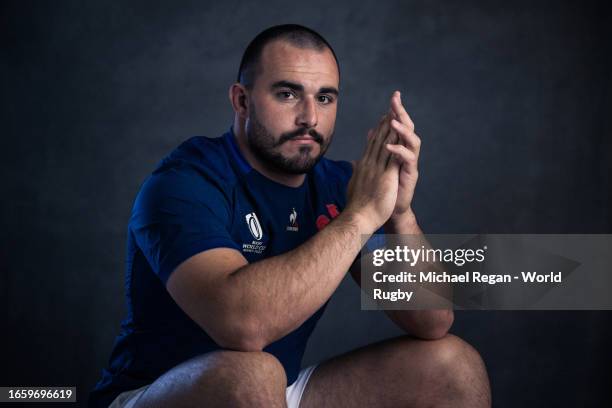 Jean-Baptiste Gros of France poses for a portrait during the France Rugby World Cup 2023 Squad photocall on September 02, 2023 in Paris, France.