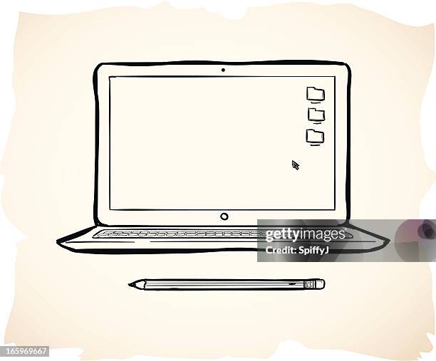 illustration der wellenförmigen bleistift und laptop über pink - pencil drawing stock-grafiken, -clipart, -cartoons und -symbole