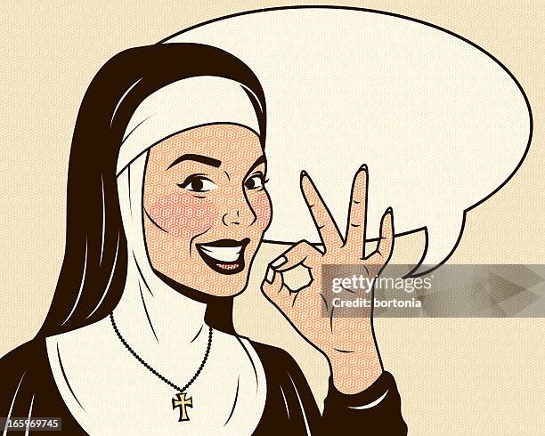 retro nun giving 'ok' sign with speech bubble - nun vector stock illustrations