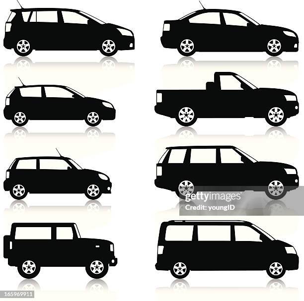 ilustrações, clipart, desenhos animados e ícones de conjunto de silhuetas de carros - hatchback