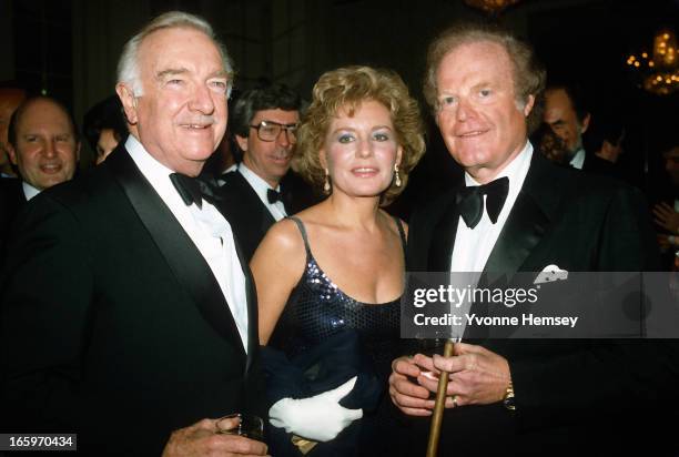Walter Cronkite, Barbara Walters, and Roone Arledge pose for a photograph at an ABC Network event March 23, 1983 in New York City.