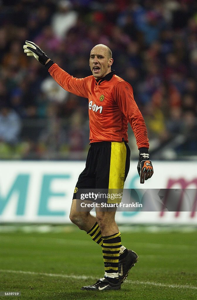 Jan Koller the striker for Borussia Dortmund as substitute goal keeper