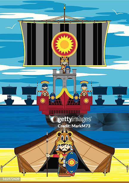 cute roman soldiers and ship scene - roman soldier cartoon stock illustrations