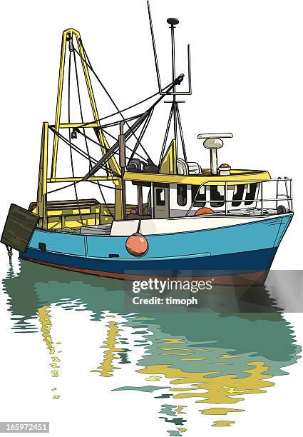 trawler reflections - commercial fishing boat stock illustrations